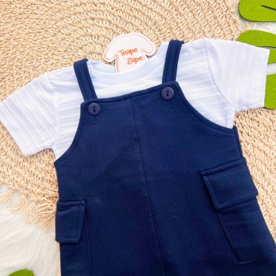  Conj. Camiseta com Listras e Jardineira em Moletinho - Marinho e Branco